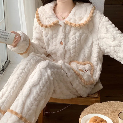 Conjunto de pijama de lana Coral para mujer, ropa de dormir cálida con forro polar para invierno, ropa de descanso de franela acogedora, traje para estar en casa, ropa de dormir cómoda