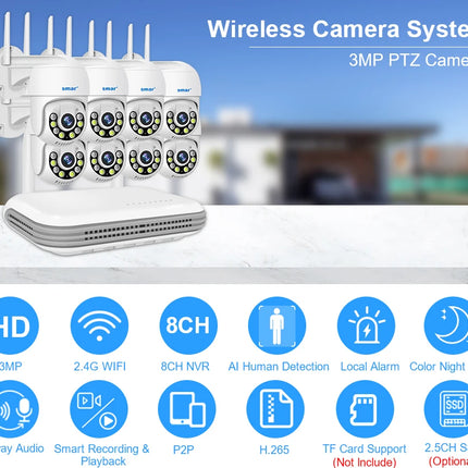 Smar 8CH NVR 5MP Kit de cámara inalámbrica Ai Humman detectar al aire libre 3MP PTZ WiFi visión nocturna CCTV sistema de vigilancia de seguridad ICsee