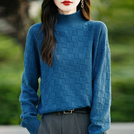 Suéter de algodón 100% para mujer, jersey de cuello medio alto, camisa con patrón cuadrado, Top de punto suelto a la moda, otoño e invierno, nuevo