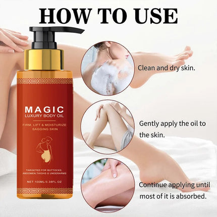 Aceite reafirmante corporal, hidratación profunda, suave, mejora la flacidez, estiramiento de la piel, aumenta la elasticidad, nutritivo, mágico, cuidado corporal de lujo