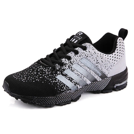 Nuevos zapatos deportivos informales transpirables con superficie de malla voladora para hombres y mujeres, zapatos planos vulcanizados para correr, talla grande 48