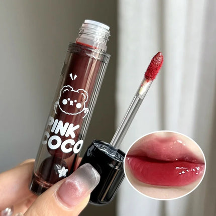 PINKCOCO Bear Doodle Mirror Lip Glaze - Brillo de labios brillante de larga duración, lápiz labial desnudo que brilla la piel, apto para estudiantes