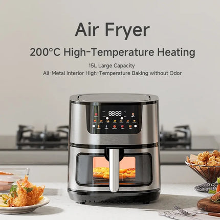 Freidora de Aire Eléctrica de Acero Inoxidable 15L – Cocina Inteligente de Gran Capacidad con Horno Tostador y Pantalla Digital
