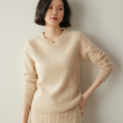 Suéter elegante de Cachemira de 100% con cuello redondo para mujer, jersey de Color sólido, ropa informal básica de otoño e invierno, prendas de punto gruesas y cálidas, Tops suaves