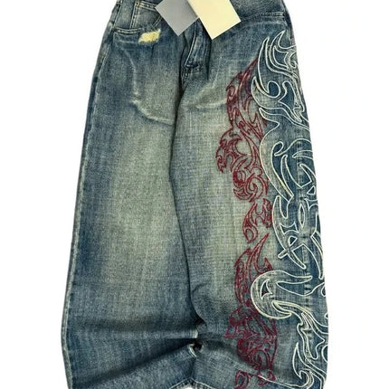 2025 retro doble cintura rebordear bordado jeans y2K hombres mujeres calle alta hip hop moda casual pareja pantalones vaqueros de pierna ancha