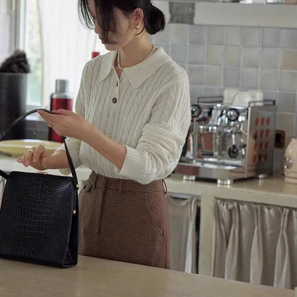 100% suéter de lana pura para mujer 2025 Otoño/Invierno nuevo jersey con cuello POLO moda coreana solapa suave Top de Cachemira de punto para mujer