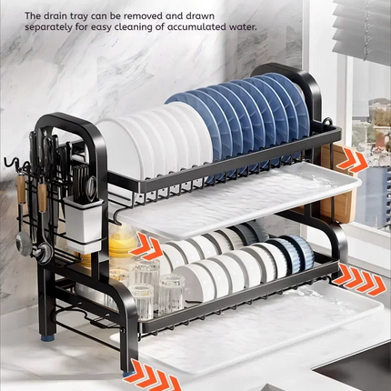 Estante Escurridor de Platos de 2 Niveles – Compacto, Antióxido y con Soporte para Utensilios