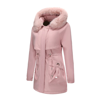 Abrigo de longitud media con capucha marrón oscuro para mujer recién llegado de invierno, chaqueta gruesa elegante y cálida. Parkas caqui, negro, azul y rosa.