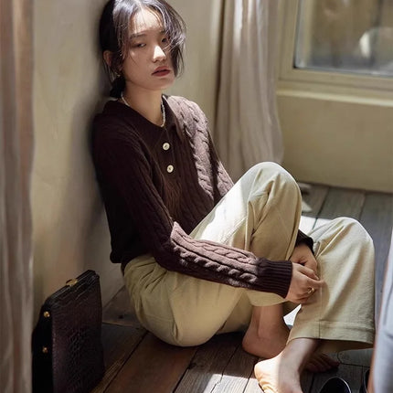 100% suéter de lana pura para mujer 2025 Otoño/Invierno nuevo jersey con cuello POLO moda coreana solapa suave Top de Cachemira de punto para mujer