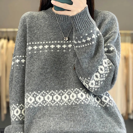 Jersey de punto de lana 100%, superventas, suéter jacquard con cuello redondo, top grueso holgado a la moda para otoño e invierno para mujer