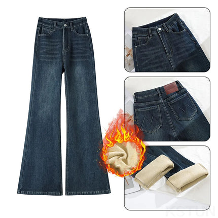 KSTUN 2025, pantalones vaqueros elásticos de lana de cintura alta Vintage para mujer, pantalones con parte inferior acampanada, pantalones vaqueros gruesos y cálidos, pantalones acampanados ajustados para mujer