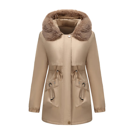 Abrigo de longitud media con capucha marrón oscuro para mujer recién llegado de invierno, chaqueta gruesa elegante y cálida. Parkas caqui, negro, azul y rosa.