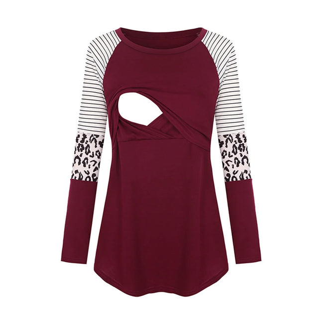 Blusa de lactancia de manga larga de maternidad para mujer, Tops de Color Patchwork para lactancia