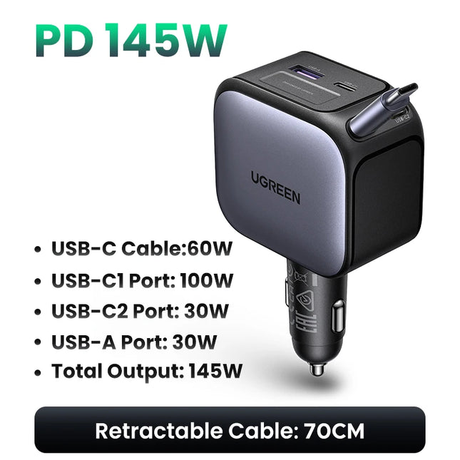UGREEN 145W 90W 60W Cargador de coche 3 USB-C y 1 puertos USB-A PD QC4.0 Carga rápida con cable retráctil para iPhone 17 Pro MacBook