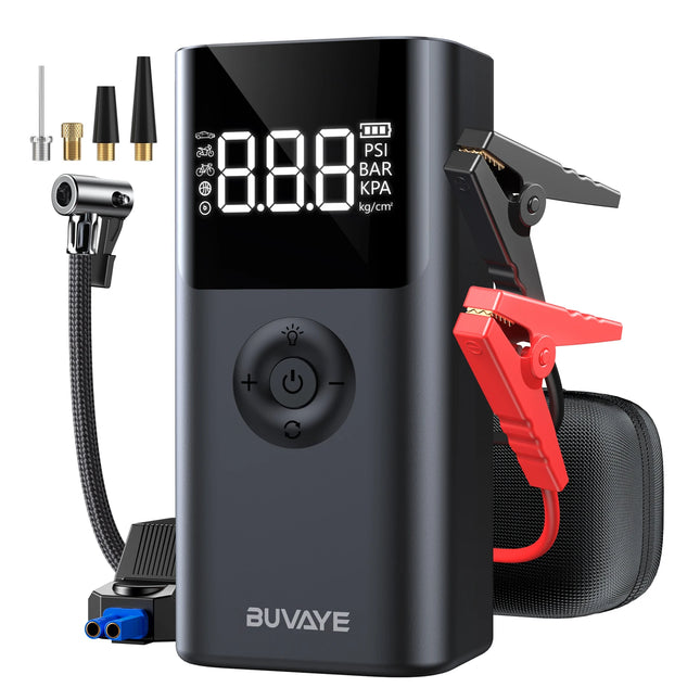 BUVAYE 4 en 1 Arrancador de Batería Portátil 2500A, Banco de Energía, Bomba de Aire 150PSI, Powerbank 12V para Coche, Arrancador de Emergencia Multifuncional con Luz LED SOS