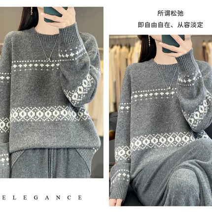 Jersey de punto de lana 100%, superventas, suéter jacquard con cuello redondo, top grueso holgado a la moda para otoño e invierno para mujer