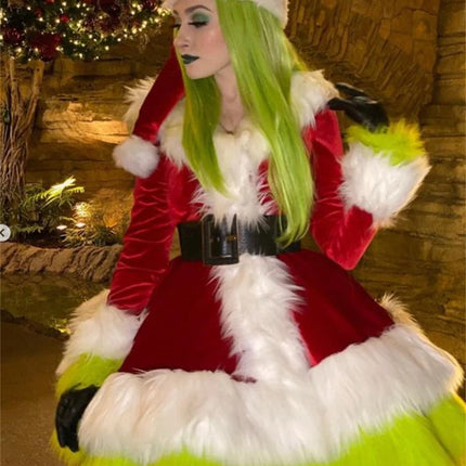 Disfraz de Papá Noel para mujer, disfraz de Navidad de señora Santa Claus, vestido de terciopelo esponjoso con capucha y cinturón