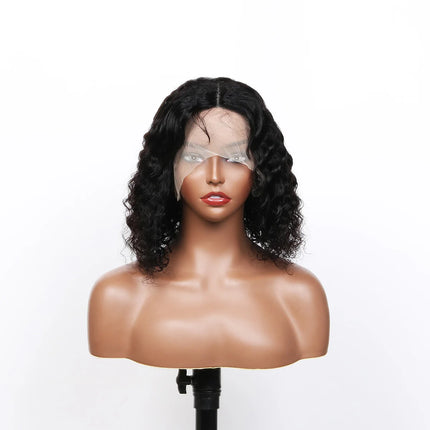 Pelucas de cabello humano virgen brasileño para mujer negra, pelo corto prearrancado con encaje Frontal 13x4, 180% de densidad, onda profunda