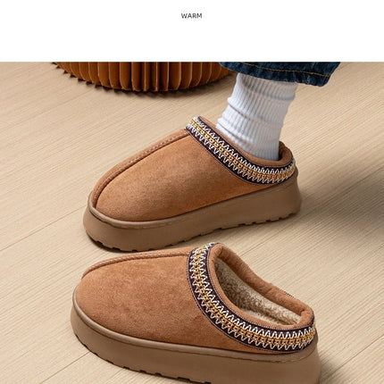 Zapatillas de invierno para mujer, Interior de felpa, antideslizantes, suela gruesa, zapatos de casa cálidos bordados a la moda para mujer