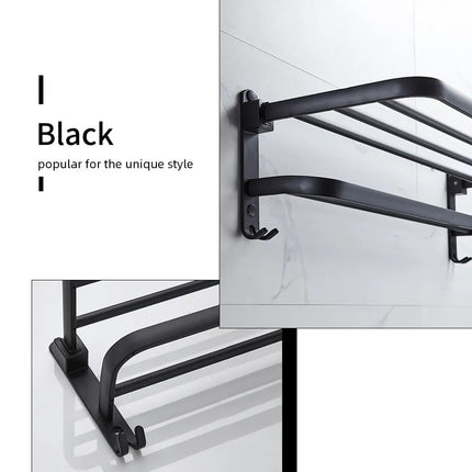 Soporte plegable negro mate de 50cm con gancho, soporte para toallas de pared, soporte para toallas de aluminio