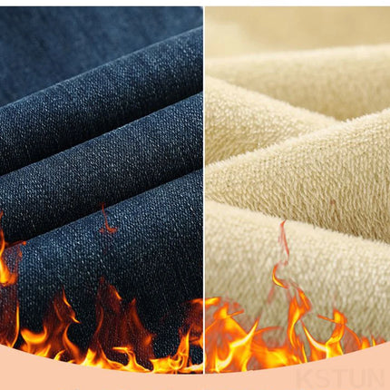 KSTUN 2025, pantalones vaqueros elásticos de lana de cintura alta Vintage para mujer, pantalones con parte inferior acampanada, pantalones vaqueros gruesos y cálidos, pantalones acampanados ajustados para mujer