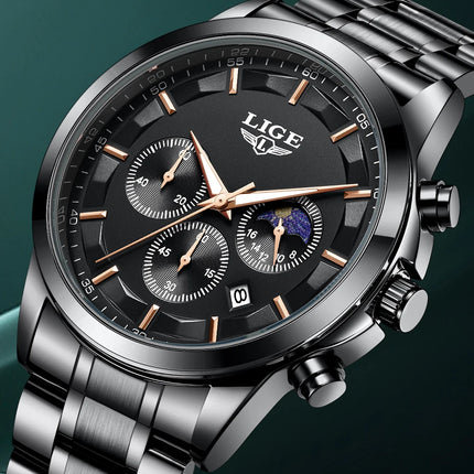Reloj de Cuarzo LIGE para Hombre – Lujo Clásico con Fase Lunar y Fecha Automática
