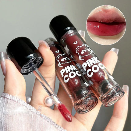 PINKCOCO Bear Doodle Mirror Lip Glaze - Brillo de labios brillante de larga duración, lápiz labial desnudo que brilla la piel, apto para estudiantes