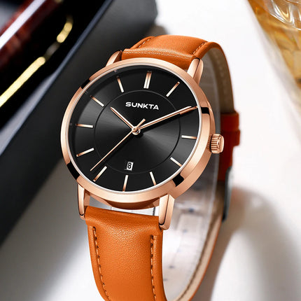 Relojes LIGE Sunkta ultrafinos para hombre, reloj de pulsera informal de moda de negocios Retro, reloj de cuarzo Simple con fecha de cuero resistente al agua para hombre