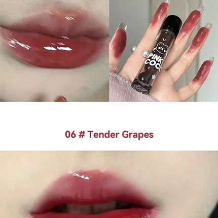 PINKCOCO Bear Doodle Mirror Lip Glaze - Brillo de labios brillante de larga duración, lápiz labial desnudo que brilla la piel, apto para estudiantes