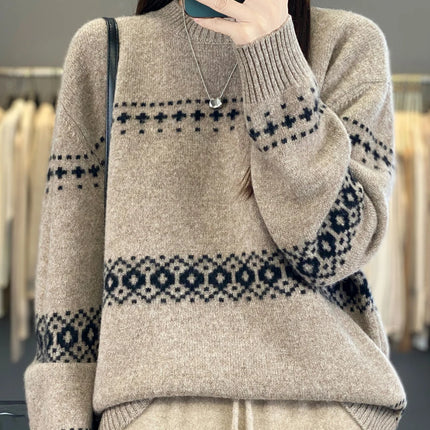 Jersey de punto de lana 100%, superventas, suéter jacquard con cuello redondo, top grueso holgado a la moda para otoño e invierno para mujer