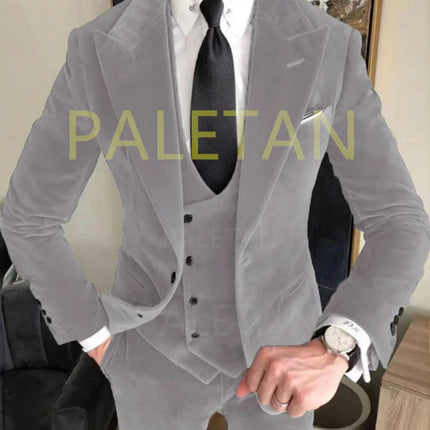 Conjuntos de chaqueta de terciopelo gris de negocios, trajes de boda para hombre, trajes ajustados personalizados para hombre, trajes formales elegantes de 3 piezas, chaqueta + Pantalones + chaleco