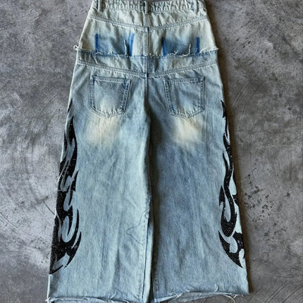 2025 retro doble cintura rebordear bordado jeans y2K hombres mujeres calle alta hip hop moda casual pareja pantalones vaqueros de pierna ancha