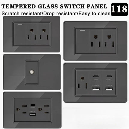 Enchufe de Pared de Vidrio Templado con Puertos USB Dual Tipo C – 118x75mm, 110V
