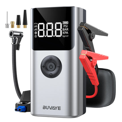 BUVAYE 4 en 1 Arrancador de Batería Portátil 2500A, Banco de Energía, Bomba de Aire 150PSI, Powerbank 12V para Coche, Arrancador de Emergencia Multifuncional con Luz LED SOS
