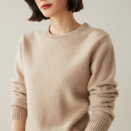 Suéter elegante de Cachemira de 100% con cuello redondo para mujer, jersey de Color sólido, ropa informal básica de otoño e invierno, prendas de punto gruesas y cálidas, Tops suaves