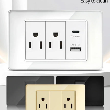 Enchufe de Pared de Vidrio Templado con Puertos USB Dual Tipo C – 118x75mm, 110V