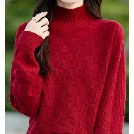 Suéter de algodón 100% para mujer, jersey de cuello medio alto, camisa con patrón cuadrado, Top de punto suelto a la moda, otoño e invierno, nuevo