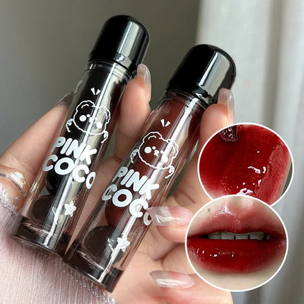 PINKCOCO Bear Doodle Mirror Lip Glaze - Brillo de labios brillante de larga duración, lápiz labial desnudo que brilla la piel, apto para estudiantes