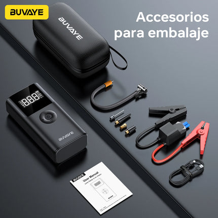 BUVAYE 4 en 1 Arrancador de Batería Portátil 2500A, Banco de Energía, Bomba de Aire 150PSI, Powerbank 12V para Coche, Arrancador de Emergencia Multifuncional con Luz LED SOS