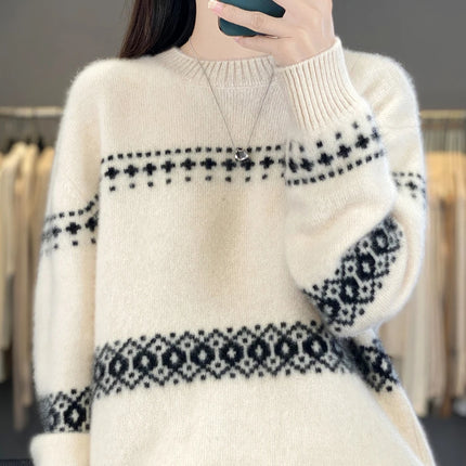 Jersey de punto de lana 100%, superventas, suéter jacquard con cuello redondo, top grueso holgado a la moda para otoño e invierno para mujer