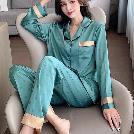 Conjunto de Pijama de Seda de Hielo de Otoño para Mujer – 2 Piezas Moderno y Elegante