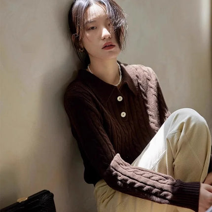 100% suéter de lana pura para mujer 2025 Otoño/Invierno nuevo jersey con cuello POLO moda coreana solapa suave Top de Cachemira de punto para mujer