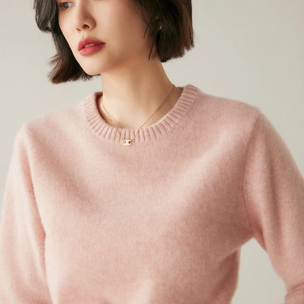 Suéter elegante de Cachemira de 100% con cuello redondo para mujer, jersey de Color sólido, ropa informal básica de otoño e invierno, prendas de punto gruesas y cálidas, Tops suaves