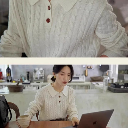 100% suéter de lana pura para mujer 2025 Otoño/Invierno nuevo jersey con cuello POLO moda coreana solapa suave Top de Cachemira de punto para mujer