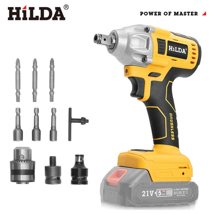 HILDA-llave eléctrica sin escobillas con batería de iones de litio de 1/2 pulgadas, herramientas eléctricas inalámbricas para batería Makita de 18V con luz Led