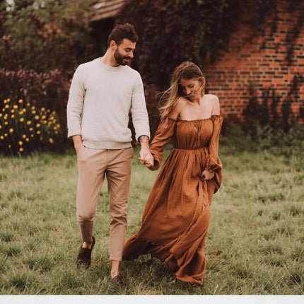 Vestido de sesión de fotos de maternidad: vestido sexy con hombros descubiertos, mangas abullonadas juguetonas y ropa con abertura para piernas para fotografía de mujeres embarazadas