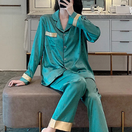 Conjunto de Pijama de Seda de Hielo de Otoño para Mujer – 2 Piezas Moderno y Elegante