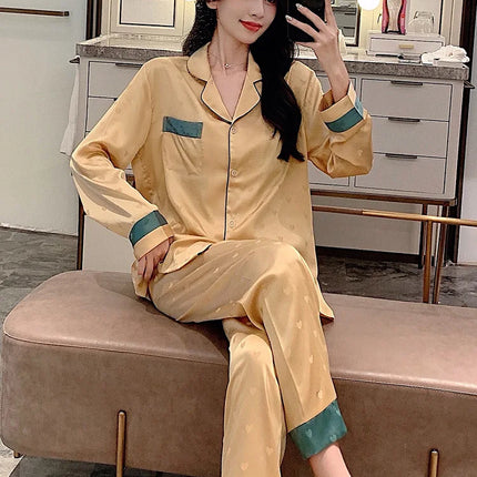 Conjunto de Pijama de Seda de Hielo de Otoño para Mujer – 2 Piezas Moderno y Elegante