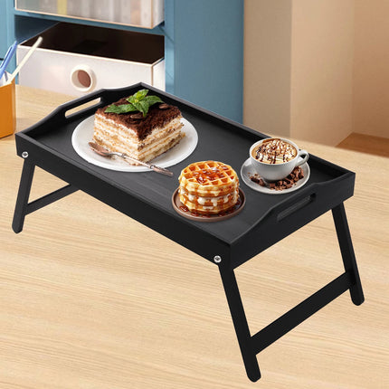 Bandeja de cama de bambú para desayuno con patas plegables, perfecta para uso en sofá, TV, computadora portátil o snacks, para servir el desayuno en la cama (negro/blanco)