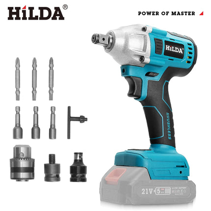 HILDA-llave eléctrica sin escobillas con batería de iones de litio de 1/2 pulgadas, herramientas eléctricas inalámbricas para batería Makita de 18V con luz Led